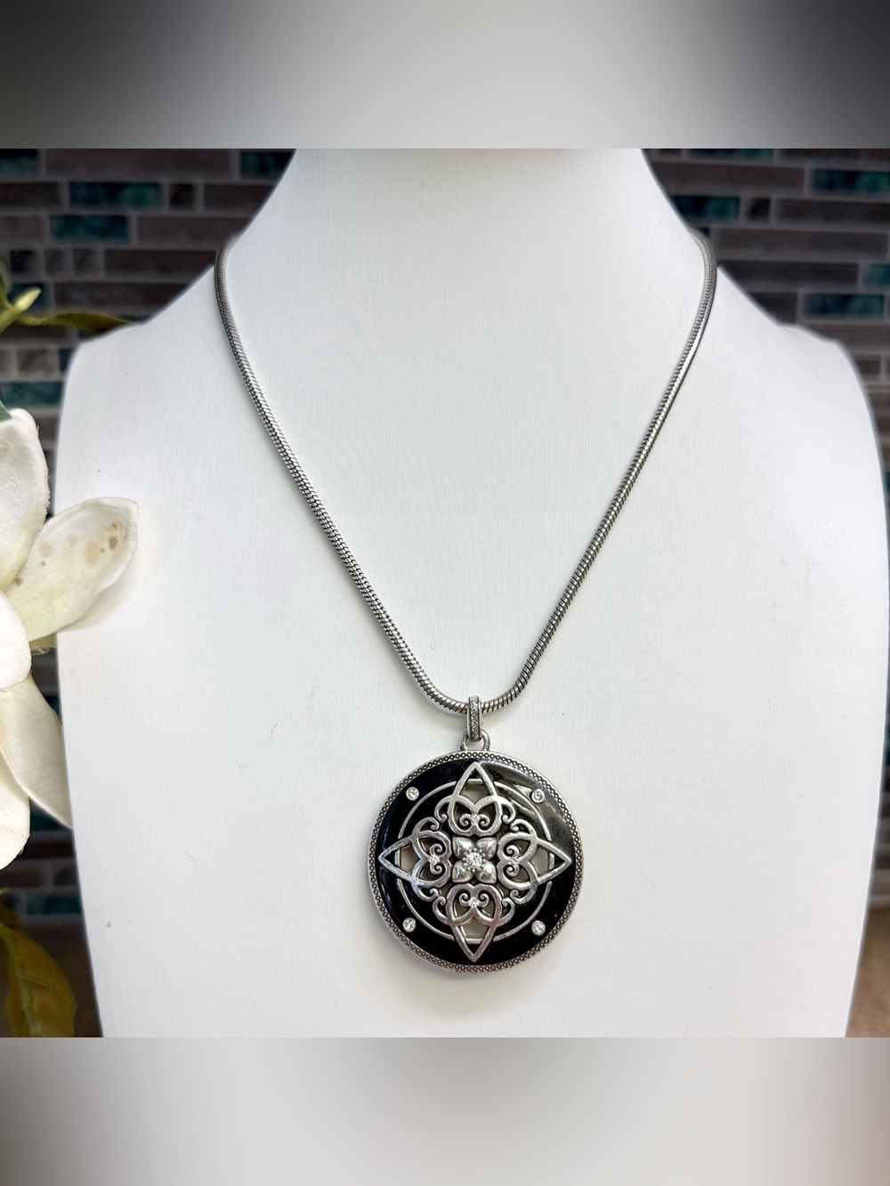 Brighton silver and black enamel filigree pendant necklace